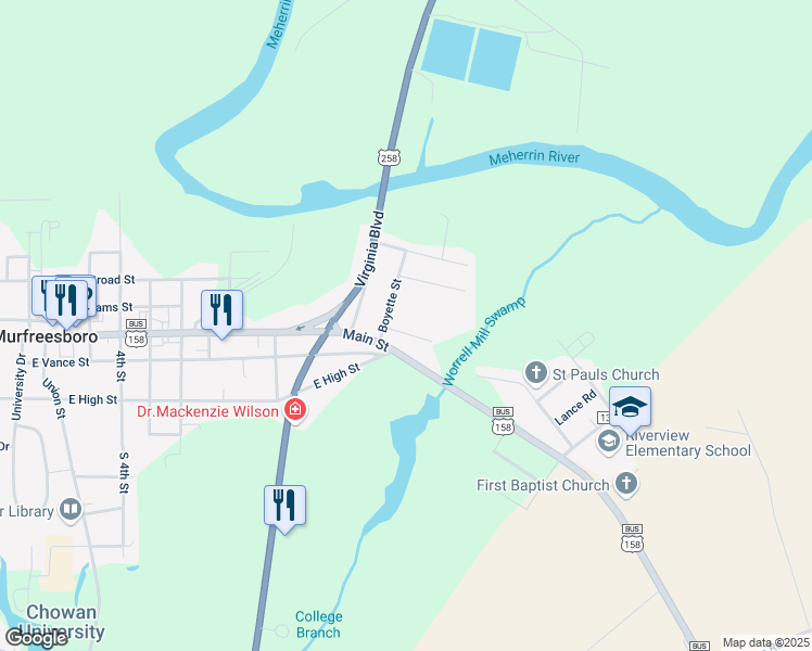 map of restaurants, bars, coffee shops, grocery stores, and more near 1101 Scott Street in Murfreesboro