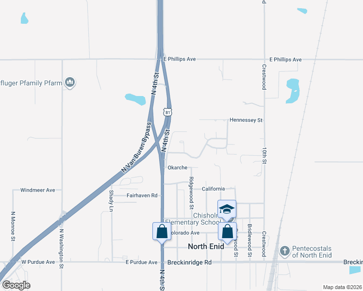 map of restaurants, bars, coffee shops, grocery stores, and more near 4621 Addington in Enid