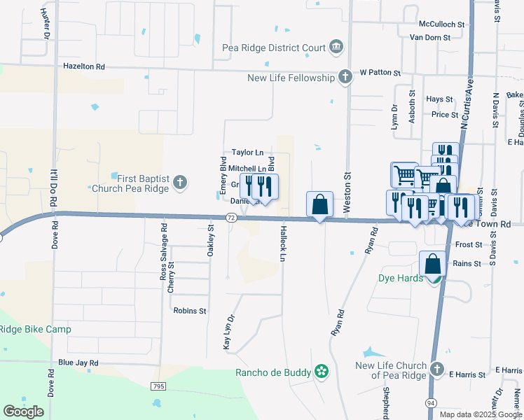 map of restaurants, bars, coffee shops, grocery stores, and more near 1014 Slack Street in Pea Ridge