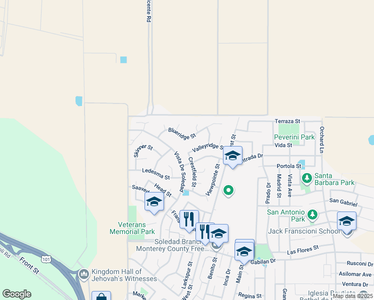 map of restaurants, bars, coffee shops, grocery stores, and more near 297 Valleyridge Street in Soledad