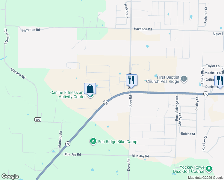 map of restaurants, bars, coffee shops, grocery stores, and more near 10526 Arkansas 72 in Pea Ridge