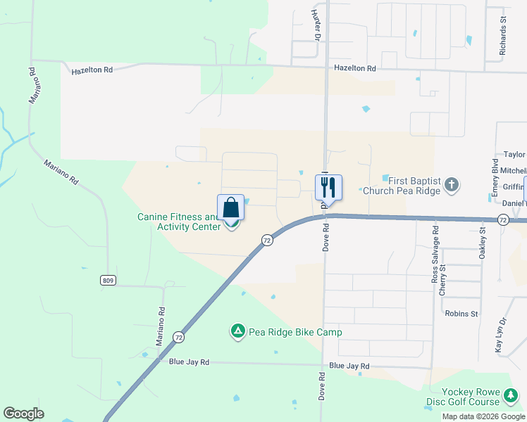 map of restaurants, bars, coffee shops, grocery stores, and more near 10514 Arkansas 72 in Pea Ridge