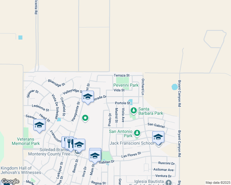 map of restaurants, bars, coffee shops, grocery stores, and more near 826 Vida Street in Soledad