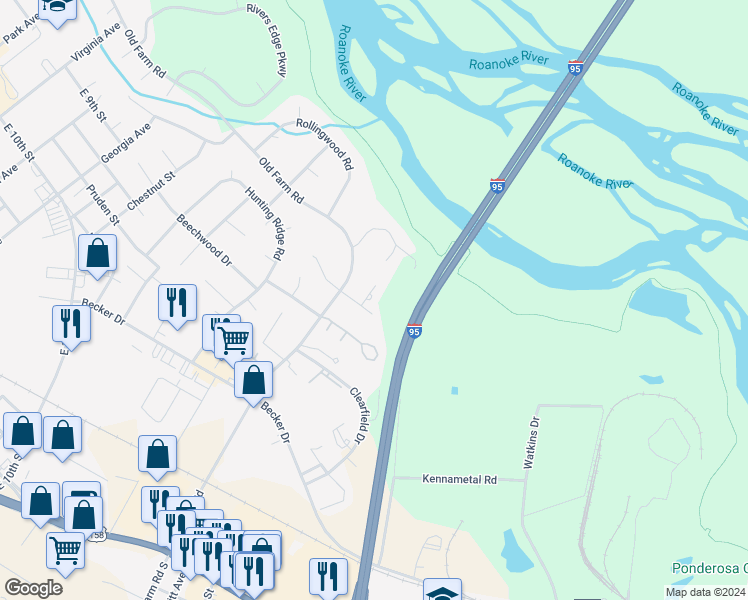map of restaurants, bars, coffee shops, grocery stores, and more near 102 Macallen Court in Roanoke Rapids