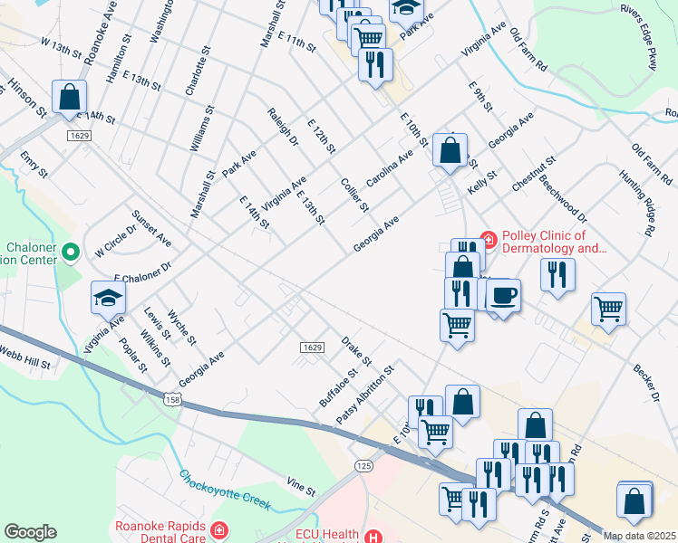 map of restaurants, bars, coffee shops, grocery stores, and more near 1308 Georgia Avenue in Roanoke Rapids