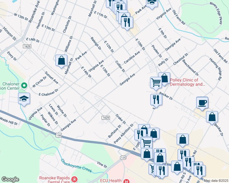 map of restaurants, bars, coffee shops, grocery stores, and more near 1308 Georgia Avenue in Roanoke Rapids