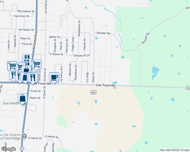 map of restaurants, bars, coffee shops, grocery stores, and more near Greer Street in Pea Ridge
