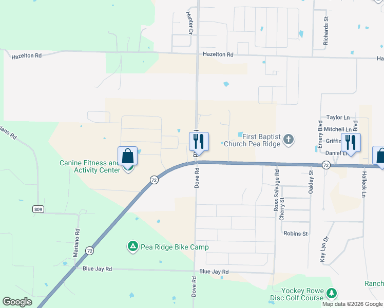 map of restaurants, bars, coffee shops, grocery stores, and more near 14431 It'll Do Road in Pea Ridge