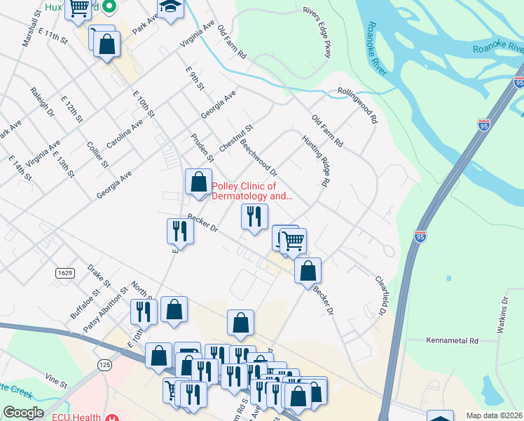 map of restaurants, bars, coffee shops, grocery stores, and more near 117 Steeplechase Run in Roanoke Rapids