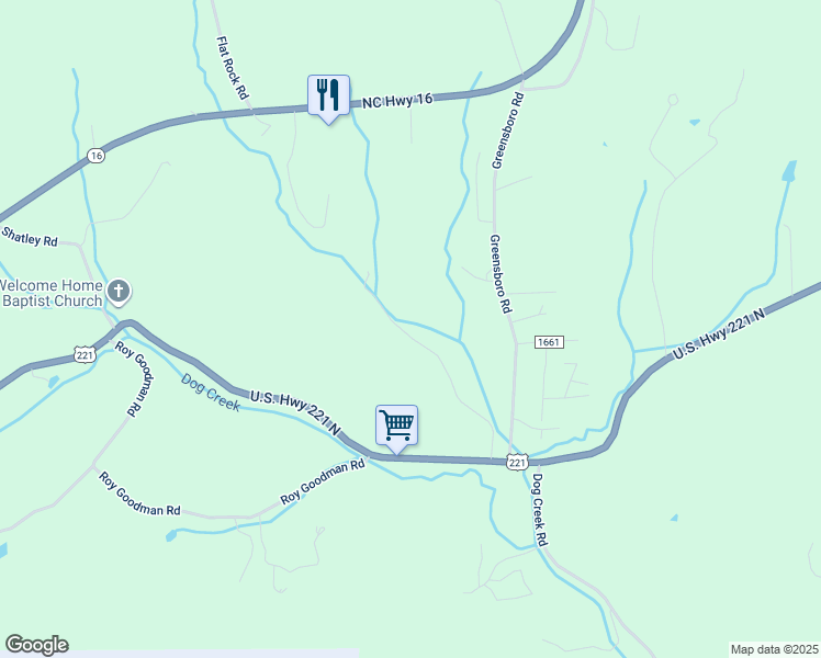 map of restaurants, bars, coffee shops, grocery stores, and more near 4983 U.S. Highway 221 North in Jefferson