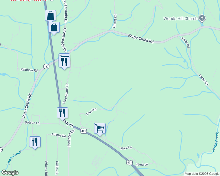map of restaurants, bars, coffee shops, grocery stores, and more near 527 Rhea Lane in Mountain City