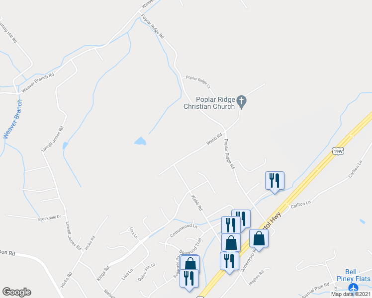 map of restaurants, bars, coffee shops, grocery stores, and more near 357 Webb Road in Piney Flats