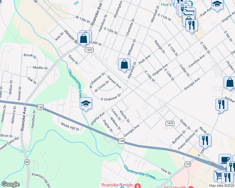 map of restaurants, bars, coffee shops, grocery stores, and more near 1408 East Chaloner Drive in Roanoke Rapids