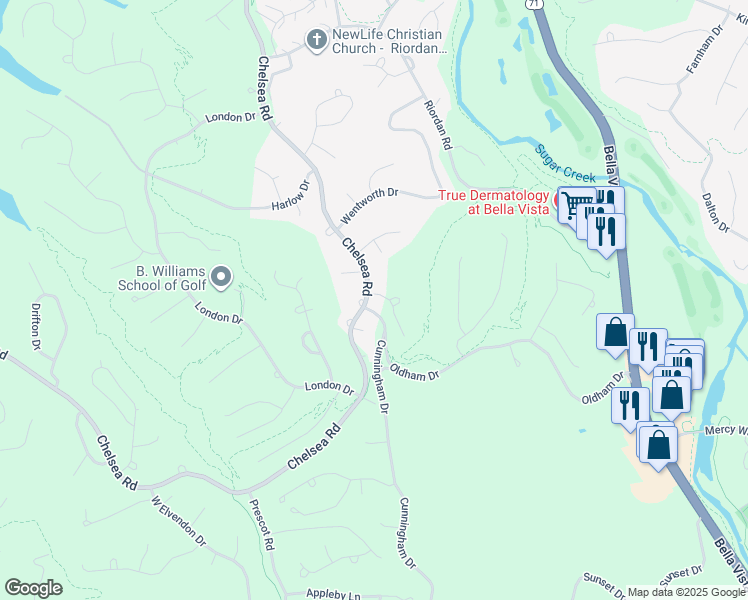 map of restaurants, bars, coffee shops, grocery stores, and more near Chelsea Road in Bella Vista