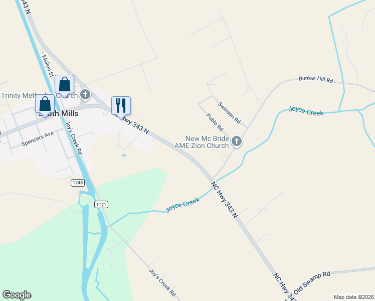 map of restaurants, bars, coffee shops, grocery stores, and more near 1346 343 Highway in South Mills