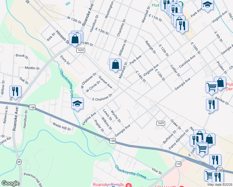 map of restaurants, bars, coffee shops, grocery stores, and more near 1400-1408 E Chaloner Dr in Roanoke Rapids