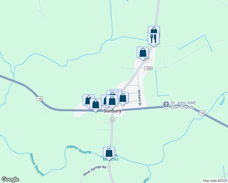 map of restaurants, bars, coffee shops, grocery stores, and more near 30 North Carolina 32 in Corapeake