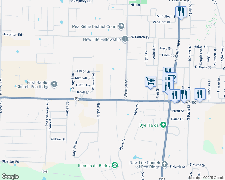 map of restaurants, bars, coffee shops, grocery stores, and more near 272 Ellis Lane in Pea Ridge