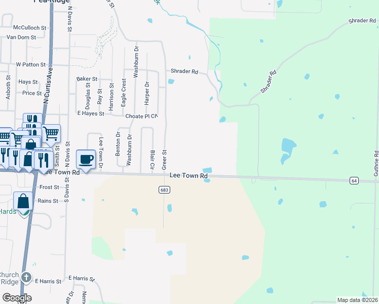 map of restaurants, bars, coffee shops, grocery stores, and more near 207 Greer Street in Pea Ridge