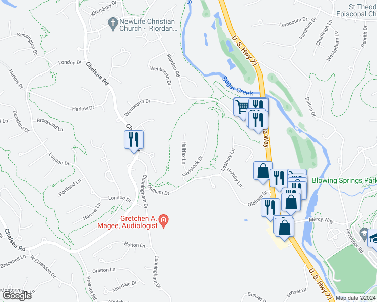 map of restaurants, bars, coffee shops, grocery stores, and more near 6 Halifax Lane in Bella Vista