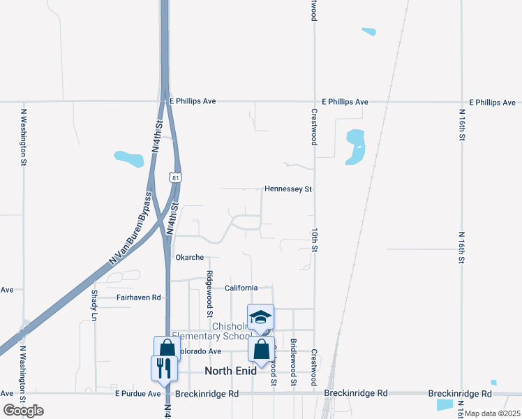 map of restaurants, bars, coffee shops, grocery stores, and more near Minco in Enid