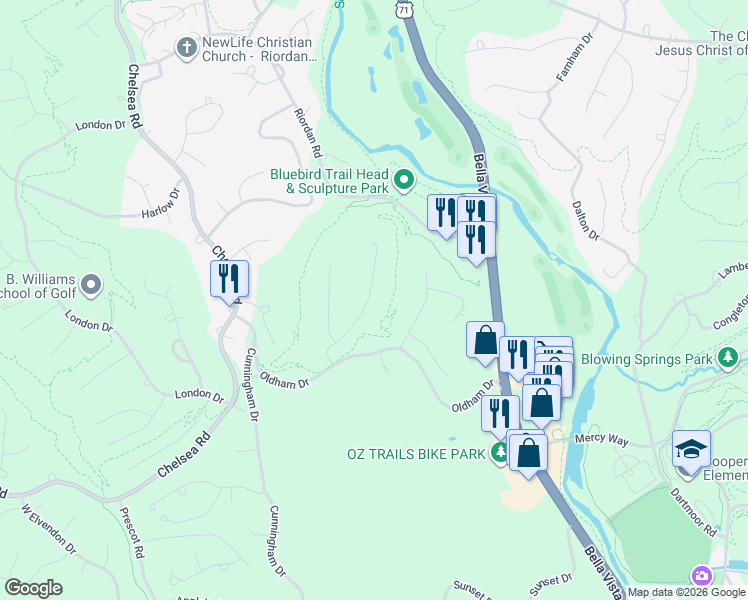 map of restaurants, bars, coffee shops, grocery stores, and more near 26 Tavistock Drive in Bella Vista