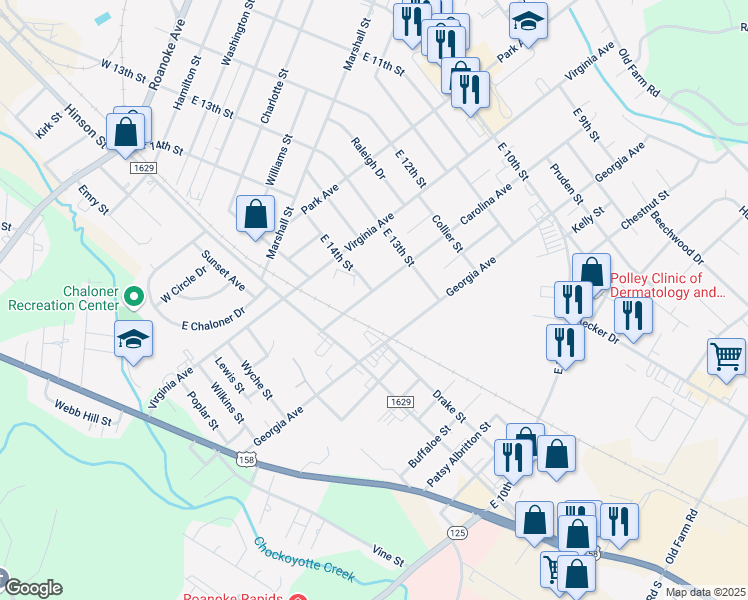 map of restaurants, bars, coffee shops, grocery stores, and more near 1400 Carolina Avenue in Roanoke Rapids