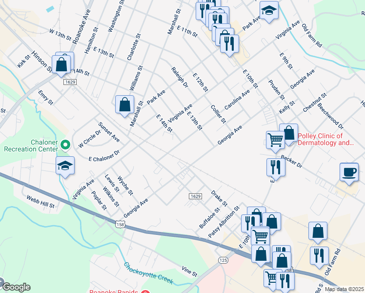 map of restaurants, bars, coffee shops, grocery stores, and more near 1400 Carolina Avenue in Roanoke Rapids