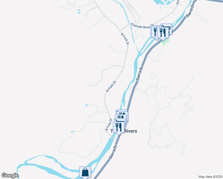 map of restaurants, bars, coffee shops, grocery stores, and more near 42015 North Fork Drive in Three Rivers