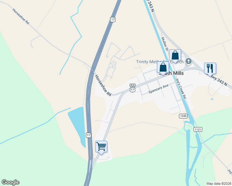 map of restaurants, bars, coffee shops, grocery stores, and more near 104 Horseshoe Road in South Mills