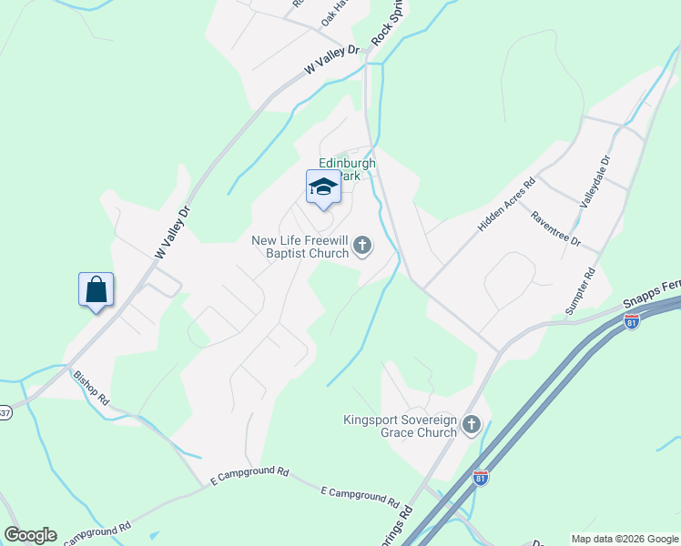 map of restaurants, bars, coffee shops, grocery stores, and more near 2444 Rock Springs Rd in Kingsport