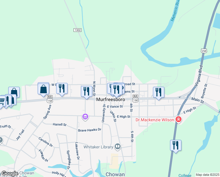 map of restaurants, bars, coffee shops, grocery stores, and more near 200 East Broad Street in Murfreesboro