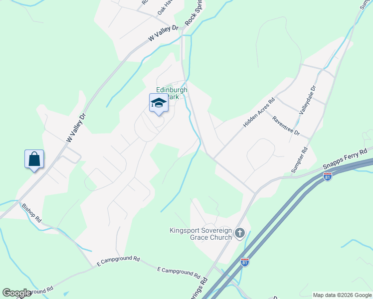 map of restaurants, bars, coffee shops, grocery stores, and more near 2444 Rock Springs Road in Kingsport