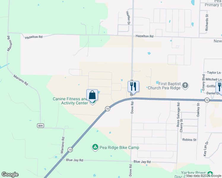 map of restaurants, bars, coffee shops, grocery stores, and more near 14887 It'll Do Road in Pea Ridge