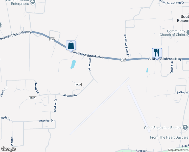 map of restaurants, bars, coffee shops, grocery stores, and more near 223 Airport Road in Roanoke Rapids