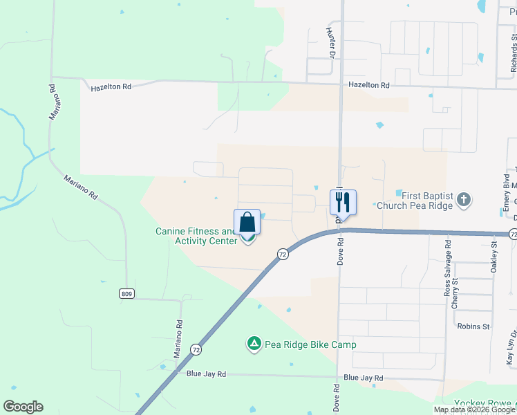 map of restaurants, bars, coffee shops, grocery stores, and more near 14887 It'll Do Road in Pea Ridge
