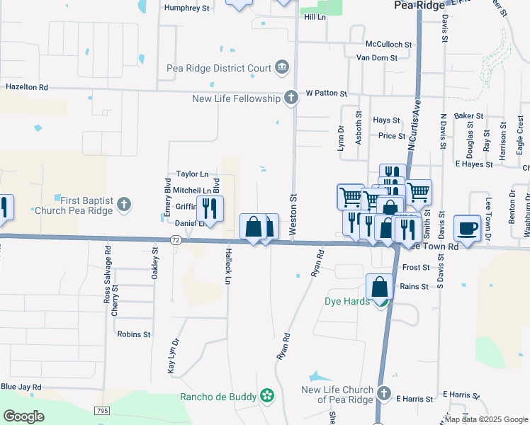 map of restaurants, bars, coffee shops, grocery stores, and more near 272 Ellis Lane in Pea Ridge