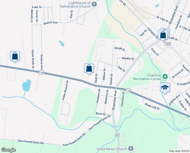 map of restaurants, bars, coffee shops, grocery stores, and more near 1923 Shell Drive in Roanoke Rapids