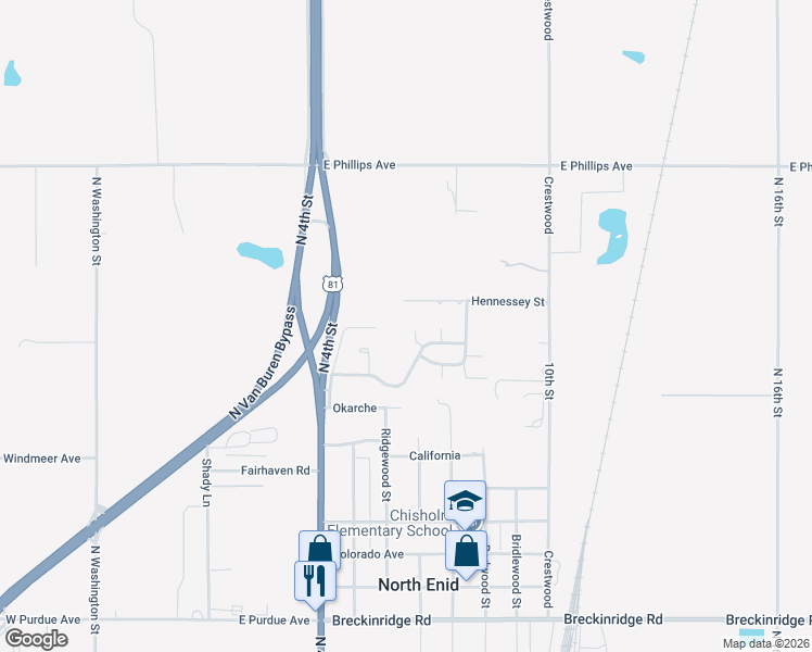 map of restaurants, bars, coffee shops, grocery stores, and more near 4813 Beckett in Enid