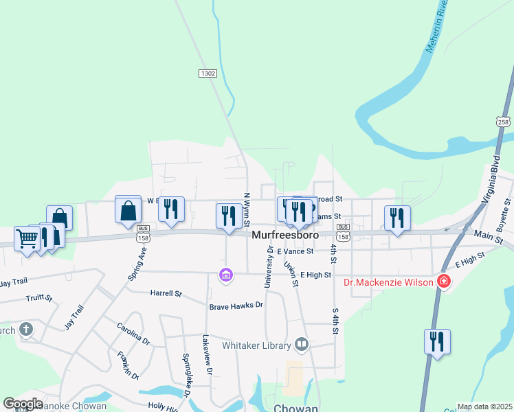 map of restaurants, bars, coffee shops, grocery stores, and more near 100 East Broad Street in Murfreesboro