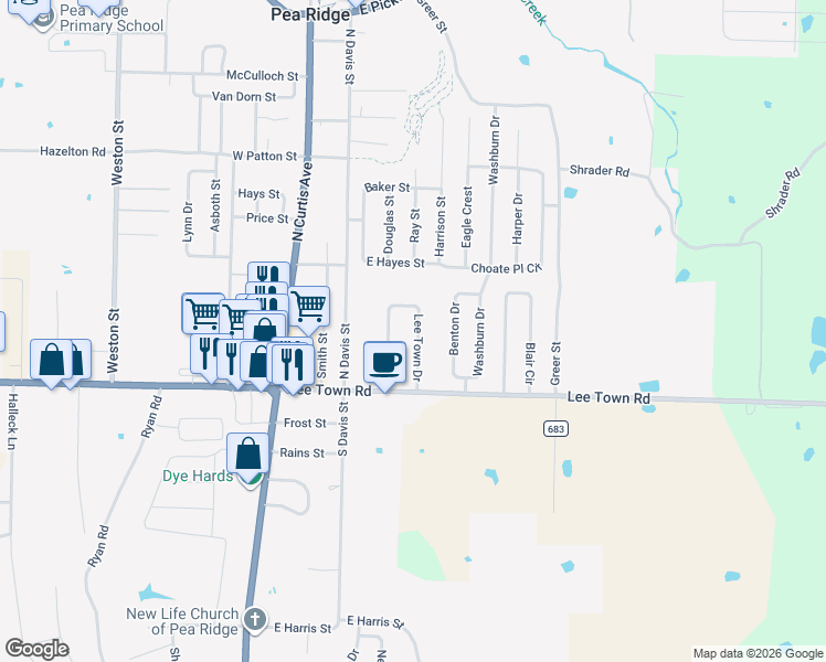 map of restaurants, bars, coffee shops, grocery stores, and more near 610 Lee Town Drive in Pea Ridge