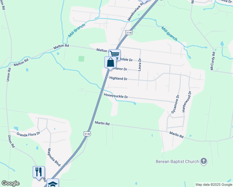 map of restaurants, bars, coffee shops, grocery stores, and more near 180 Honeysuckle Drive in White House