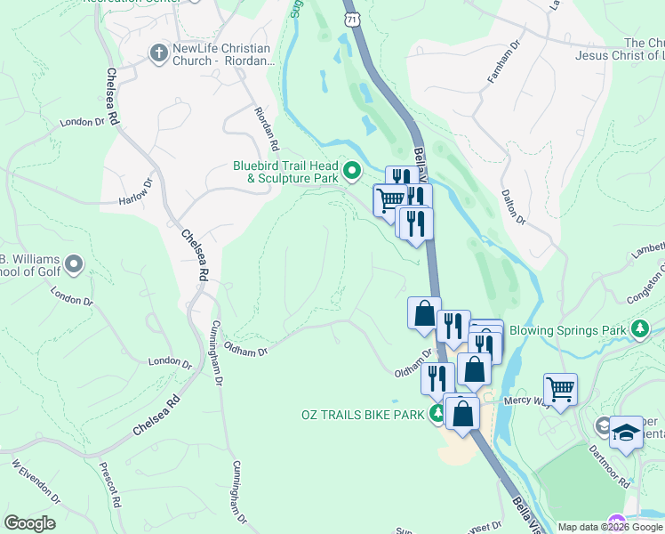 map of restaurants, bars, coffee shops, grocery stores, and more near 26 Tavistock Dr in Bella Vista