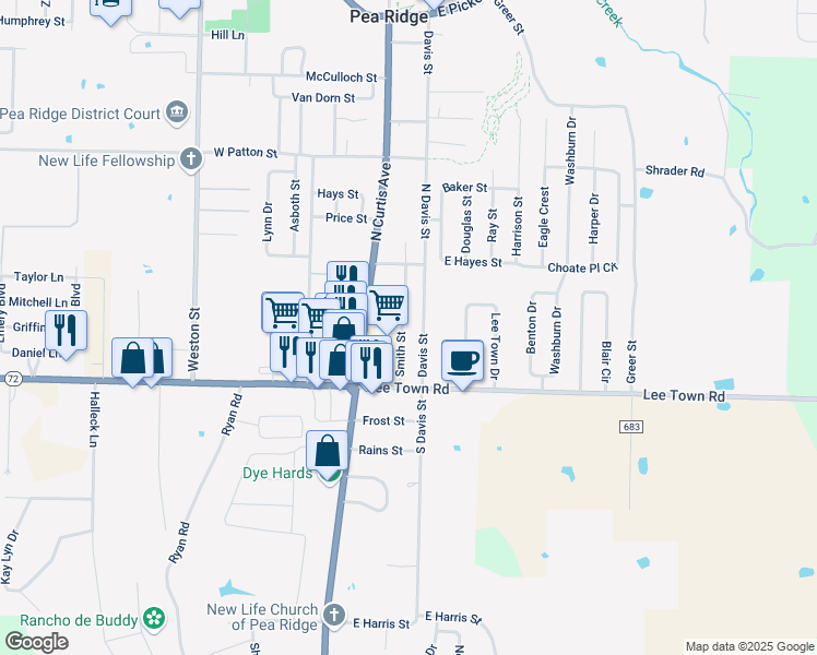 map of restaurants, bars, coffee shops, grocery stores, and more near 280 Smith St in Pea Ridge