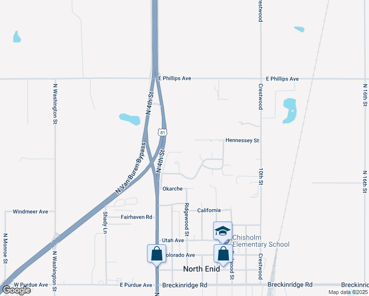 map of restaurants, bars, coffee shops, grocery stores, and more near 502 Chisholm Creek in Enid