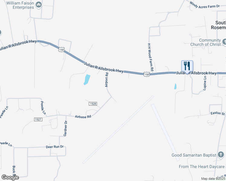 map of restaurants, bars, coffee shops, grocery stores, and more near 223 Airport Road in Roanoke Rapids