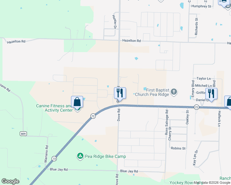 map of restaurants, bars, coffee shops, grocery stores, and more near 14431-14593 It'll Do Road in Pea Ridge