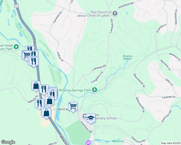 map of restaurants, bars, coffee shops, grocery stores, and more near 11 Tedder Circle in Bella Vista