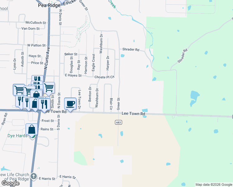 map of restaurants, bars, coffee shops, grocery stores, and more near 207 Greer Street in Pea Ridge