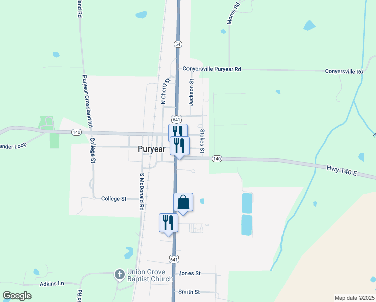 map of restaurants, bars, coffee shops, grocery stores, and more near 213 East Main Street in Puryear